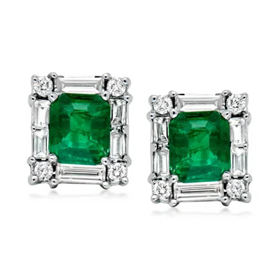 Pre-owned Ross-simons C. 1980 Vintage 3.50 Ct. T.w. Emerald Earrings With 2.36 Ct. T.w. Diamonds In 18kt White Gold In Silver
