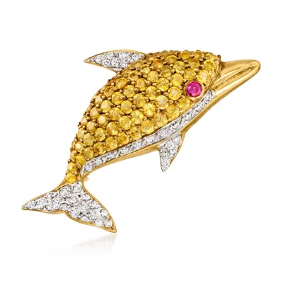 Pre-owned Ross-simons C. 1980 Vintage 3.50 Ct. T.w. Yellow Sapphire And .60 Ct. T.w. Diamond Dolphin Pin With Single Ruby  In Gold