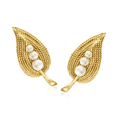 Pre-owned Ross-simons C. 1980 Vintage 3-5mm Cultured Pearl Leaf Clip-on Earrings In 14kt Yellow Gold