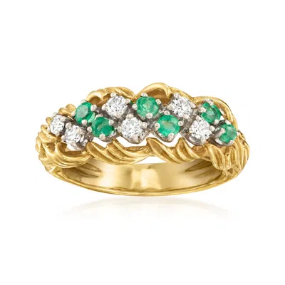 Pre-owned Ross-simons C. 1980 Vintage .40 Ct. T.w. Diamond And .36 Ct. T.w. Emerald Twisted Ring In 18kt Yellow Gold