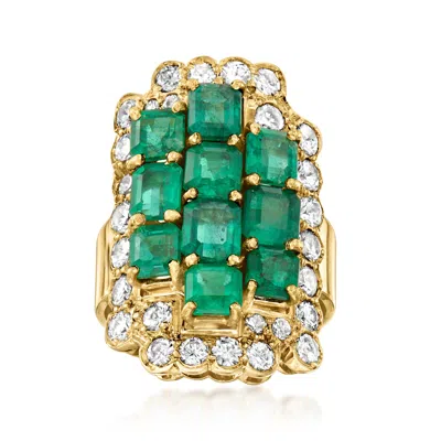 Pre-owned Ross-simons C. 1980 Vintage 4.10 Ct. T.w. Emerald And 1.75 Ct. T.w. Diamond Cluster Ring In 18kt Yellow Gold