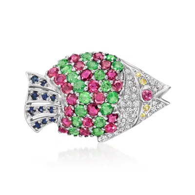 Pre-owned Ross-simons C. 1980 Vintage 4.62 Ct. T.w. Multi-gemstone Fish Pin With .30 Ct. T.w. Diamonds In 18kt White Gold In Silver