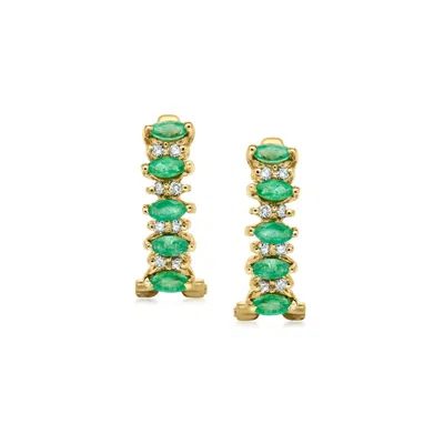 Pre-owned Ross-simons C. 1980 Vintage .50 Ct. T.w. Emerald And .25 Ct. T.w. Diamond Curved Earrings In 14kt Yellow Gold
