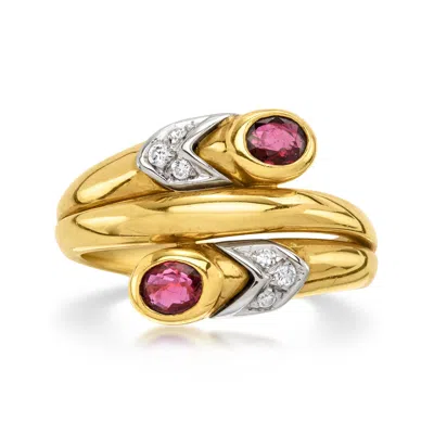 Pre-owned Ross-simons C. 1980 Vintage .50 Ct. T.w. Ruby Bypass Ring With .10 Ct. T.w. Diamonds In 18kt Yellow Gold