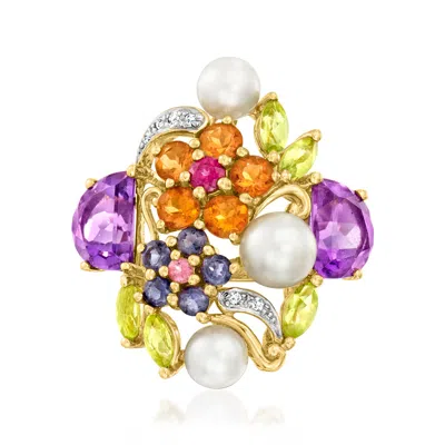 Pre-owned Ross-simons C. 1980 Vintage 5-6mm Cultured Pearl And 5.20 Ct. T.w. Multi-gemstone Floral Ring With Diamonds In 1 In Gold