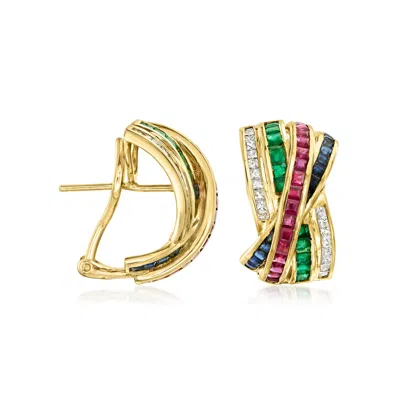 Pre-owned Ross-simons C. 1980 Vintage 6.00 Ct. T.w. Multi-gemstone And 1.15 Ct. T.w. Diamond Curved Earrings In 18kt Yello In Gold