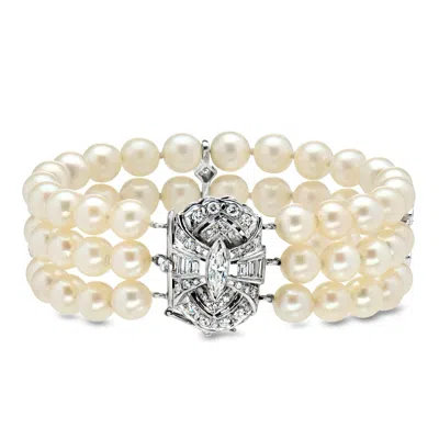 Pre-owned Ross-simons C. 1980 Vintage 6.5mm Cultured Pearl Three-row Bracelet With 1.40 Ct. T.w. Diamond Clasp In 14kt Whi In Silver