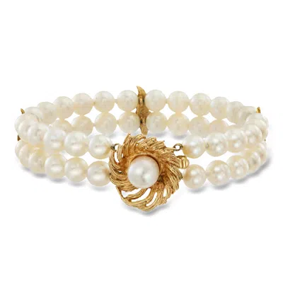 Pre-owned Ross-simons C. 1980 Vintage 6-7mm Cultured Pearl Two-strand Leaf Bracelet In 14kt Yellow Gold