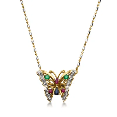 Pre-owned Ross-simons C. 1980 Vintage .68 Ct. T.w. Multi-gemstone And .12 Ct. T.w. Diamond Butterfly Necklace In 14kt Two- In Gold,silver