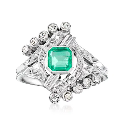 Pre-owned Ross-simons C. 1980 Vintage .70 Carat Emerald Ring With .20 Ct. T.w. Diamonds In 14kt White Gold In Silver