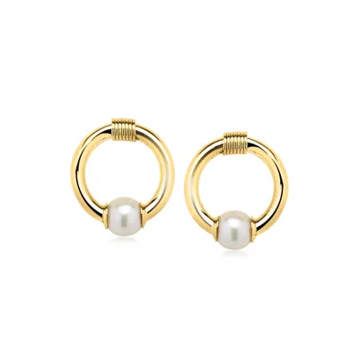 Pre-owned Ross-simons C. 1980 Vintage 7.5mm Cultured Pearl Earrings In 14kt Yellow Gold