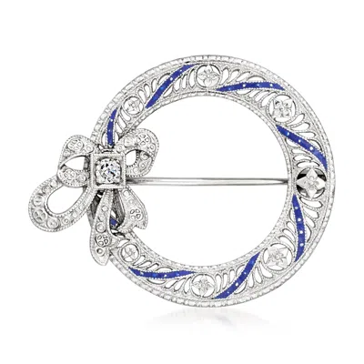 Pre-owned Ross-simons C. 1980 Vintage Blue Enamel Bow Pin With Single Diamond In 14kt White Gold In Silver