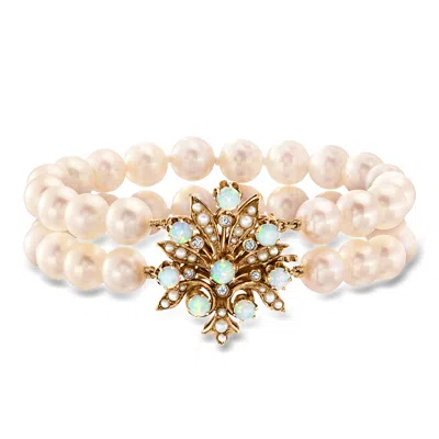 Pre-owned Ross-simons C. 1980 Vintage Cultured Pearl And Opal Two-strand Bracelet With .15 Ct. T.w. Diamonds In 14kt Yello In Gold