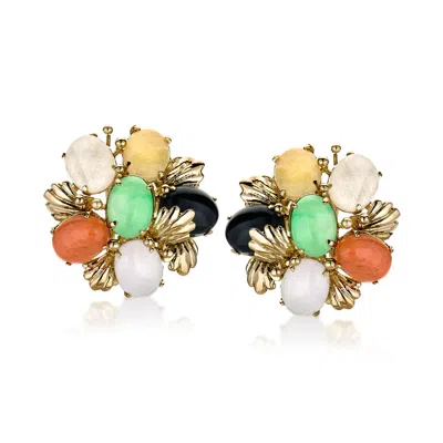 Pre-owned Ross-simons C. 1980 Vintage Multicolored Jade Cluster Clip-on Earrings In 14kt Yellow Gold
