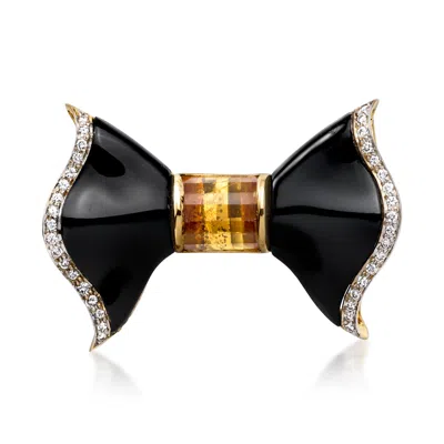 Pre-owned Ross-simons C. 1980 Vintage Onyx And 3.50 Carat Citrine Bow Pin/pendant With .50 Ct. T.w. Diamonds In 18kt Yello In Gold