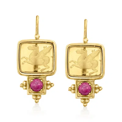 Pre-owned Ross-simons C. 1980 Vintage Simulated Quartz And 1.00 Ct. T.w. Ruby Pegasus Earrings In 18kt Yellow Gold