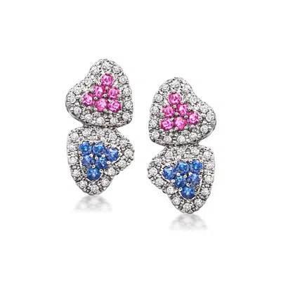 Pre-owned Ross-simons C. 1990 Vintage 1.00 Ct. T.w. Pink And Blue Sapphire Heart Earrings With .56 Ct. T.w. Diamonds In 18 In Silver
