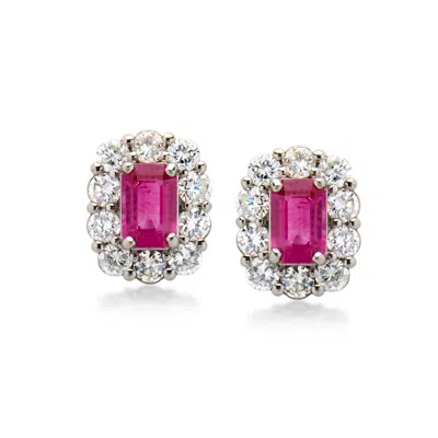 Pre-owned Ross-simons C. 1990 Vintage 1.02 Ct. T.w. Ruby And 1.10 Ct. T.w. Diamond Earrings In Platinum In Silver