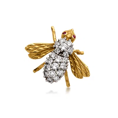 Pre-owned Ross-simons C. 1990 Vintage 1.05 Ct. T.w. Diamond Bumblebee Pin With Rubies In 18kt Yellow Gold