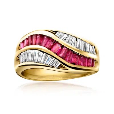 Pre-owned Ross-simons C. 1990 Vintage 1.32 Ct. T.w. Ruby And .50 Ct. T.w. Diamond Wave Ring In 18kt Yellow Gold