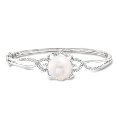 Pre-owned Ross-simons C. 1990 Vintage 13mm Cultured Pearl And .65 Ct. T.w. Diamond Bangle Bracelet In 18kt White Gold In Silver
