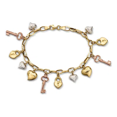 Pre-owned Ross-simons C. 1990 Vintage 14kt Tri-colored Gold Heart, Lock And Key Charm Bracelet In Gold,silver,pink