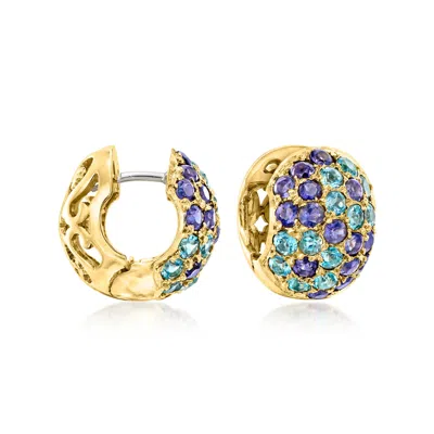 Pre-owned Ross-simons C. 1990 Vintage 1.65 Ct. T.w. Tanzanite And 1.35 Ct. Tw. Sky Blue Topaz Huggie Hoop Earrings In 18kt In Gold