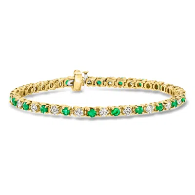 Pre-owned Ross-simons C. 1990 Vintage 2.00 Ct. T.w. Diamond And 1.25 Ct. T.w. Emerald Tennis Bracelet In 14kt Yellow Gold