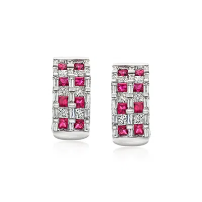 Pre-owned Ross-simons C. 1990 Vintage 2.80 Ct. T.w. Diamond And 1.60 Ct. T.w. Ruby Curved Earrings In 18kt White Gold In Silver