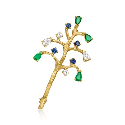 Pre-owned Ross-simons C. 1990 Vintage .40 Ct. T.w. Emerald, .37 Ct. T.w. Diamond And .32 Ct. T.w. Sapphire Tree Pin In 14k In Gold