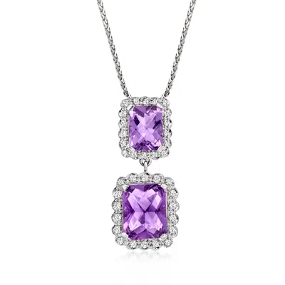 Pre-owned Ross-simons C. 1990 Vintage 4.40 Ct. T.w. Amethyst Double-drop Necklace With .45 Ct. T.w. Diamonds In 14kt White In Silver
