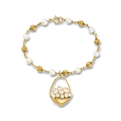 Pre-owned Ross-simons C. 1990 Vintage 4.5-5.5mm Cultured Pearl Basket Charm And Bead Station Bracelet In 14kt Yellow Gold