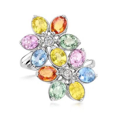 Pre-owned Ross-simons C. 1990 Vintage 4.80 Ct. T.w. Multicolored Sapphire Flower Ring With Diamonds In 18kt White Gold In Silver