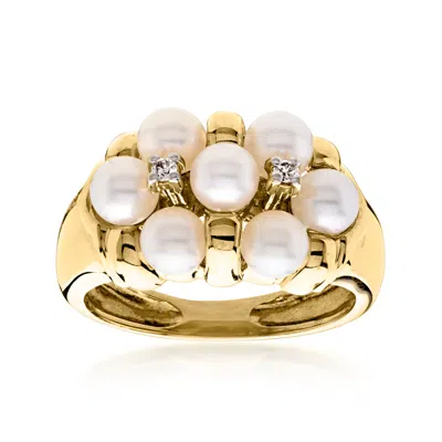 Pre-owned Ross-simons C. 1990 Vintage 4mm Cultured Pearl Cluster Ring With Diamonds In 14kt Yellow Gold