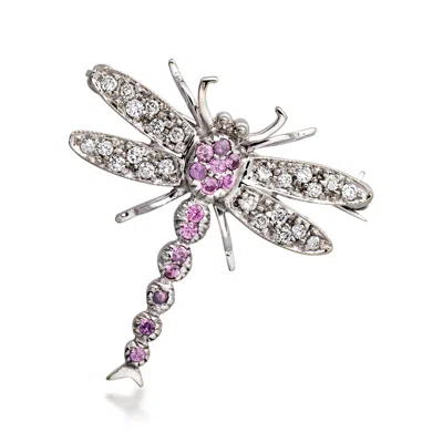Pre-owned Ross-simons C. 1990 Vintage .50 Ct. T.w. Diamond And .35 Ct. T.w. Purple Sapphire Dragonfly Pin In 18kt White Go In Silver