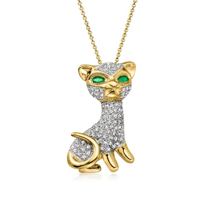 Pre-owned Ross-simons C. 1990 Vintage .50 Ct. T.w. Diamond Cat Pendant Necklace With .11 Ct. T.w. Emeralds In 18kt Yellow  In Gold