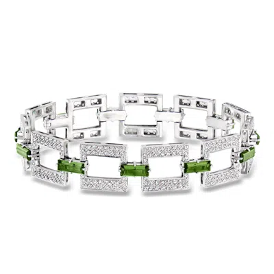 Pre-owned Ross-simons C. 1990 Vintage 5.50 Ct. T.w. Green Tourmaline And 3.96 Ct. T.w. Diamond Square-link Bracelet In 18k In Silver