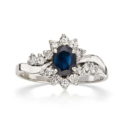 Pre-owned Ross-simons C. 1990 Vintage .58 Carat Sapphire Ring With .42 Ct. T.w. Diamonds In 14kt White Gold In Silver