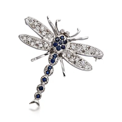 Pre-owned Ross-simons C. 1990 Vintage .70 Ct. T.w. Sapphire And .50 Ct. T.w. Diamond Dragonfly Pin In 18kt White Gold In Silver