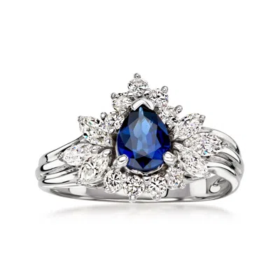 Pre-owned Ross-simons C. 1990 Vintage .75 Carat Sapphire Ring With .70 Ct. T.w. Diamonds In 14kt White Gold In Silver