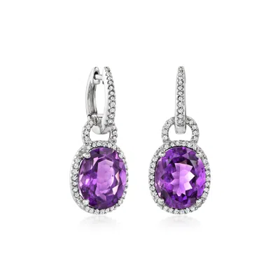 Pre-owned Ross-simons C. 1990 Vintage 7.50 Ct. T.w. Amethyst And .50 Ct. T.w. Diamond Hoop Drop Earrings In 14kt White Gol In Silver