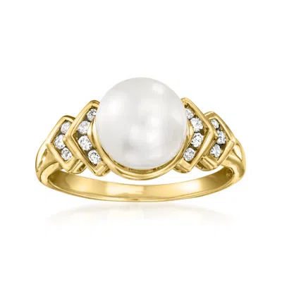 Pre-owned Ross-simons C. 1990 Vintage 9mm Cultured Pearl Ring With .14 Ct. T.w. Diamonds In 14kt Yellow Gold