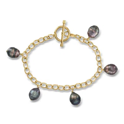 Pre-owned Ross-simons C. 1990 Vintage Cultured Black Semi-baroque Pearl Charm Bracelet In 14kt Yellow Gold
