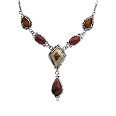 Pre-owned Ross-simons C. 1990 Vintage Jasper, Tiger Eye And Mother-of-pearl Drop Necklace In Sterling Silver