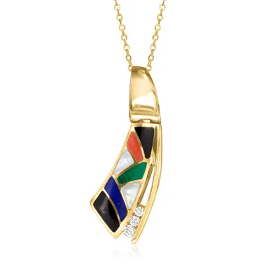 Pre-owned Ross-simons C. 1990 Vintage Multi-gemstone Inlay Pendant Necklace With Diamonds In 14kt Yellow Gold