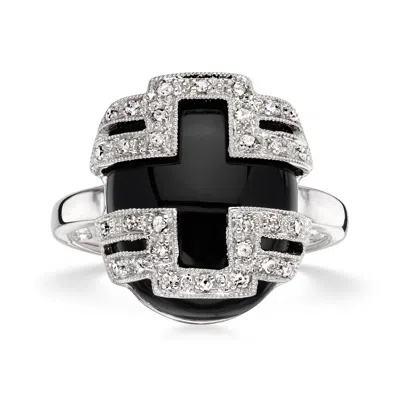 Pre-owned Ross-simons C. 1990 Vintage Onyx And .15 Ct. T.w. Diamond Ring In 18kt White Gold In Silver