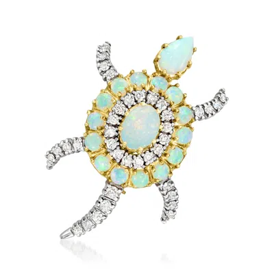 Pre-owned Ross-simons C. 1990 Vintage Opal And 1.10 Ct. T.w. Diamond Turtle Pin In 18kt Two-tone Gold In Gold,silver