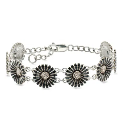 Pre-owned Ross-simons C. 1990 Vintage Sterling Silver Flower Bracelet With Black Enamel