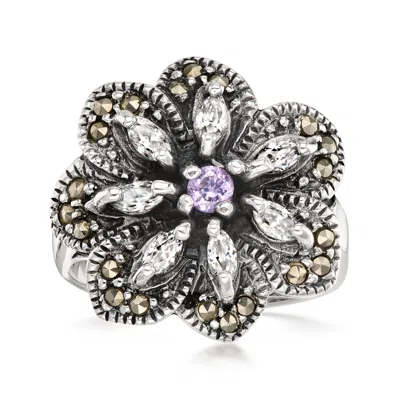 Pre-owned Ross-simons C. 2000 Vintage 1.00 Ct. T.w. Cz And .10 Carat Simulated Amethyst Flower Ring With Marcasites In Ste In Silver