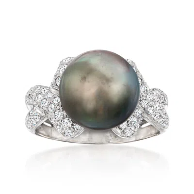 Pre-owned Ross-simons C. 2000 Vintage 12mm Black Cultured Pearl Ring With .35 Ct. T.w. Diamonds In 18kt White Gold In Silver